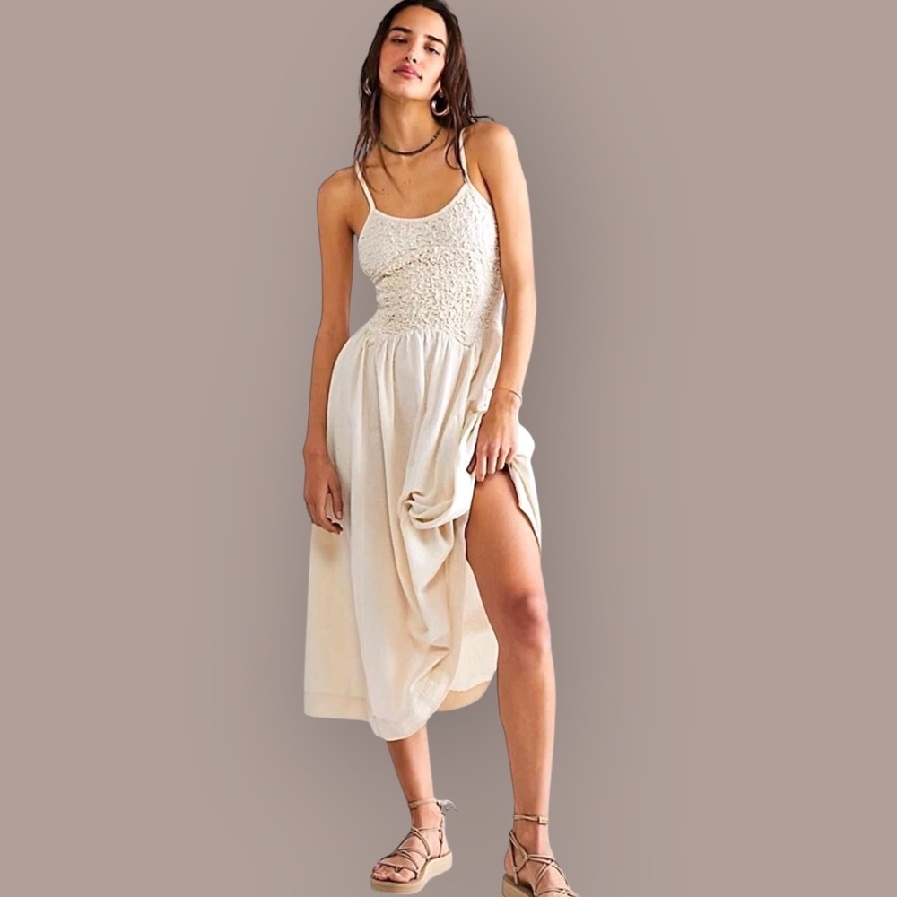Free People Endless Summer Ivory 100% Cotton Smocked Midi Dress Large Pockets - Picture 4 of 14